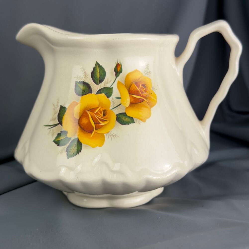 Vintage Yellow Rose Floral Cream Pitcher Jug Ceramic Ironstone Style